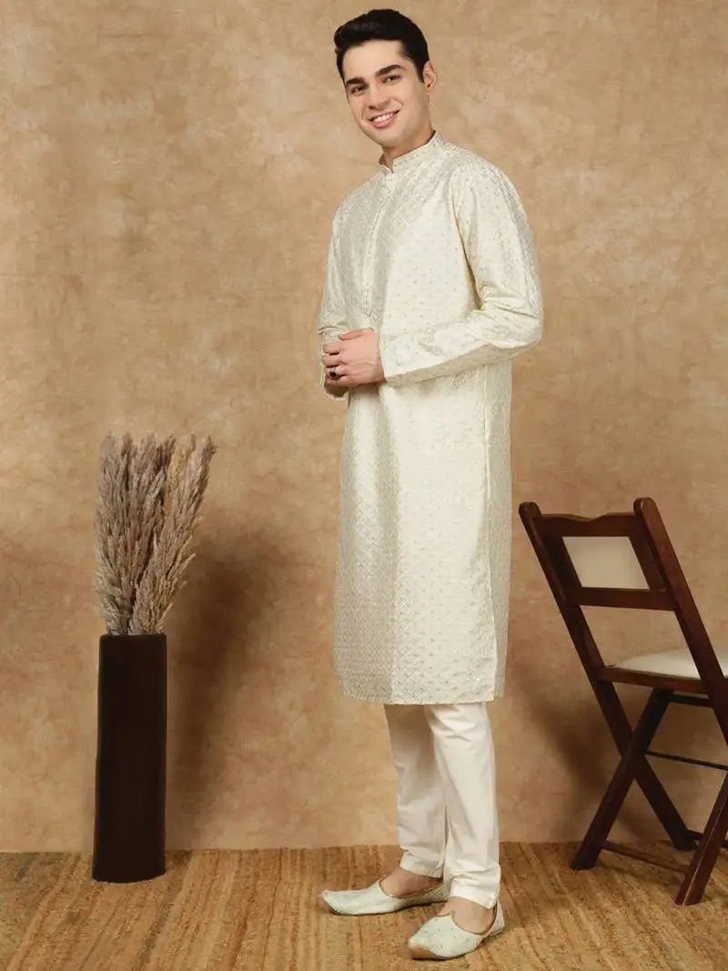 Off white polysilk sequins kurta pajama for mens