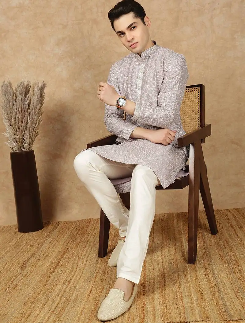 Mauve polysilk sequins kurta pajama for mens