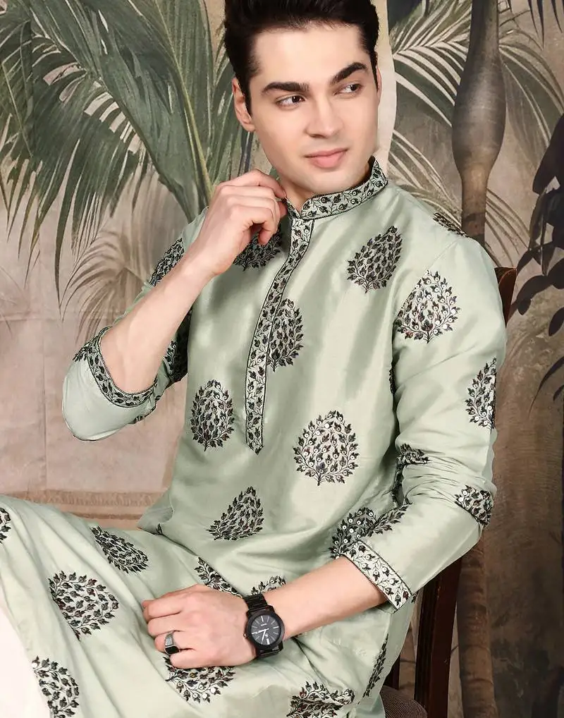 Green silk sequins kurta pajama for mens