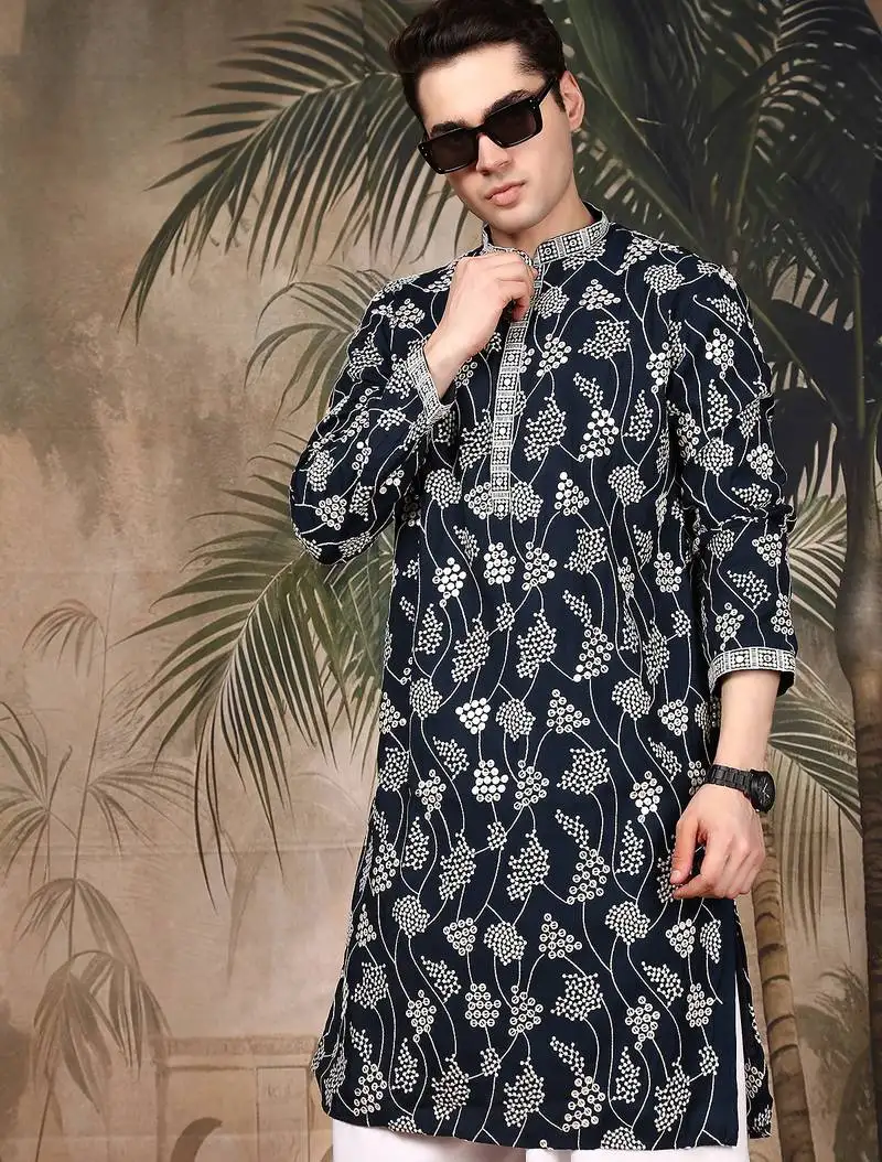 Deep blue silk embroidred kurta pajama for mens