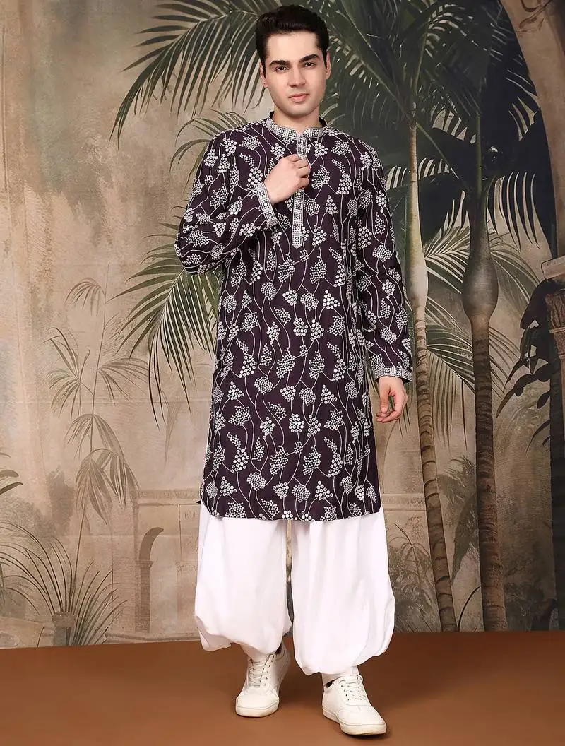 Purple silk embroidred kurta pajama for mens