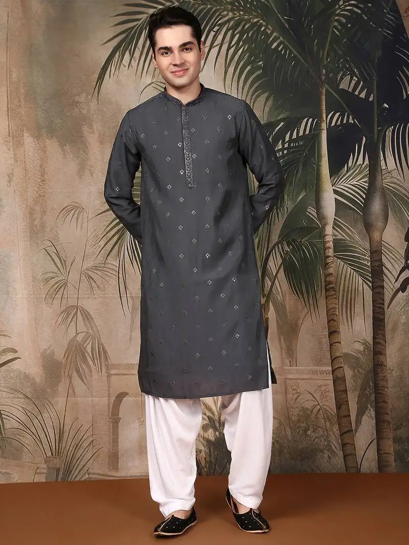 Grey silk blend thread work kurta pajama for mens