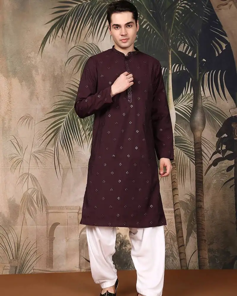 Maroon silk blend thread work kurta pajama for mens