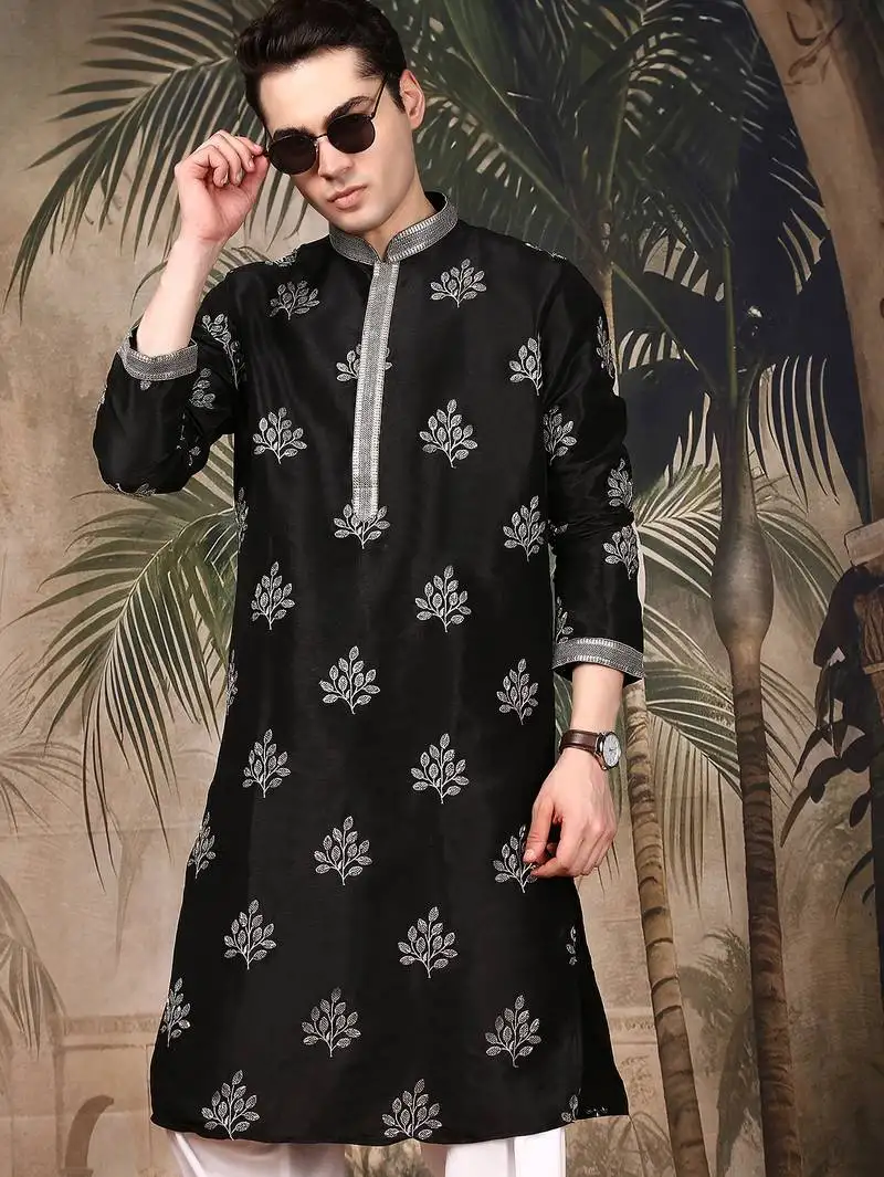 Black silk blend solid kurta pajama for mens