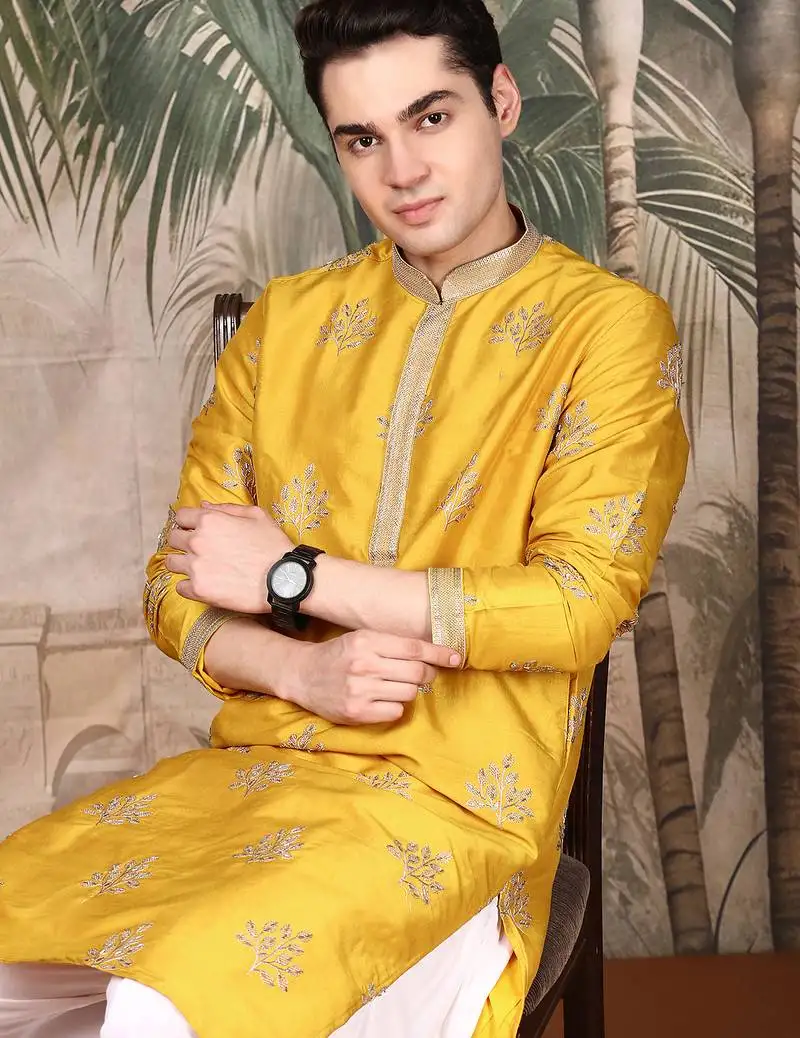 Mustard silk blend solid kurta pajama for mens