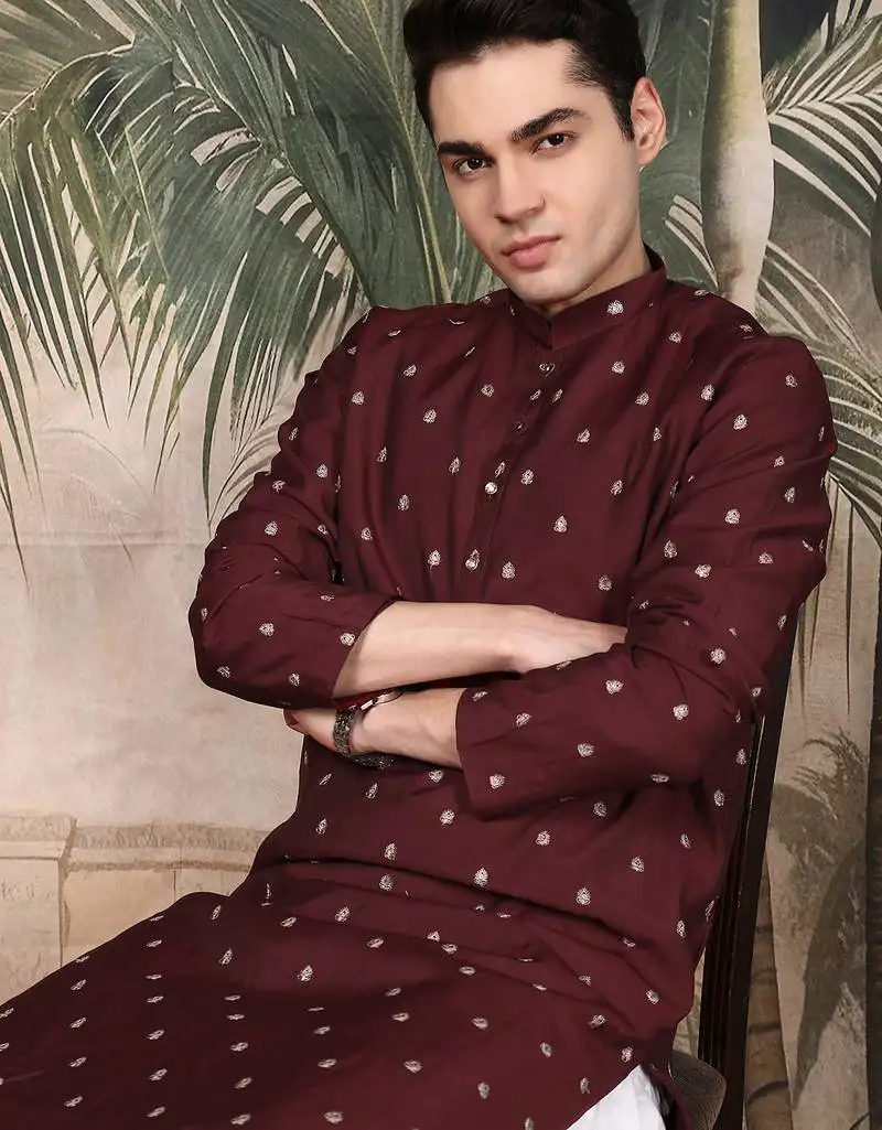 Maroon silk blend solid kurta pajama for mens
