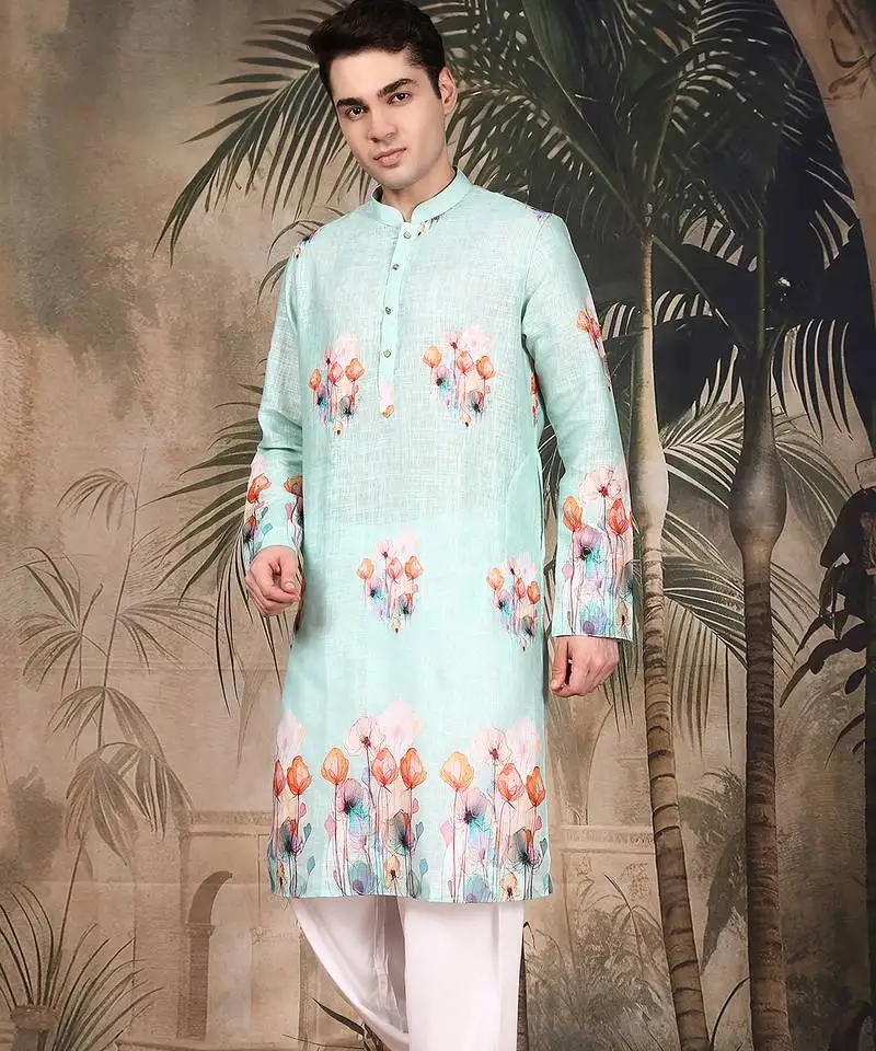 Blue cotton floral kurta pajama for mens