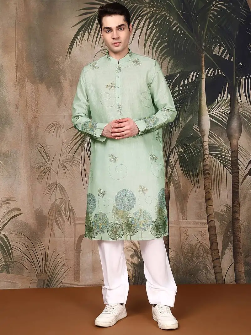 Green cotton floral kurta pajama for mens