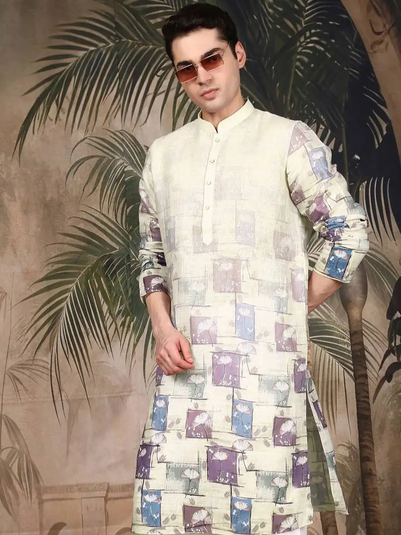 Beige cotton floral kurta pajama for mens