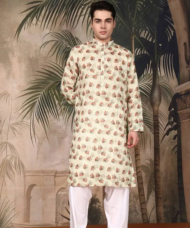 Beige cotton printed kurta pajama for mens
