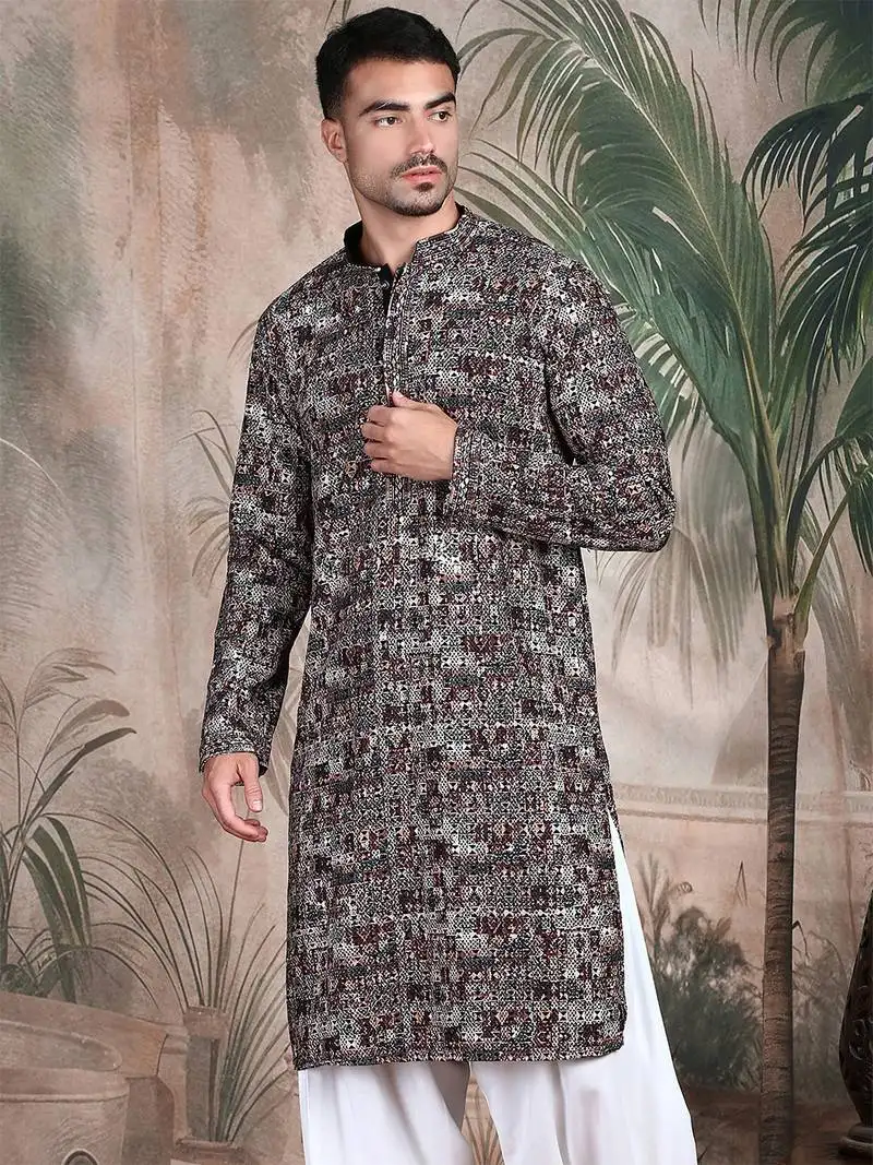 Beige cotton sequins kurta pajama for mens