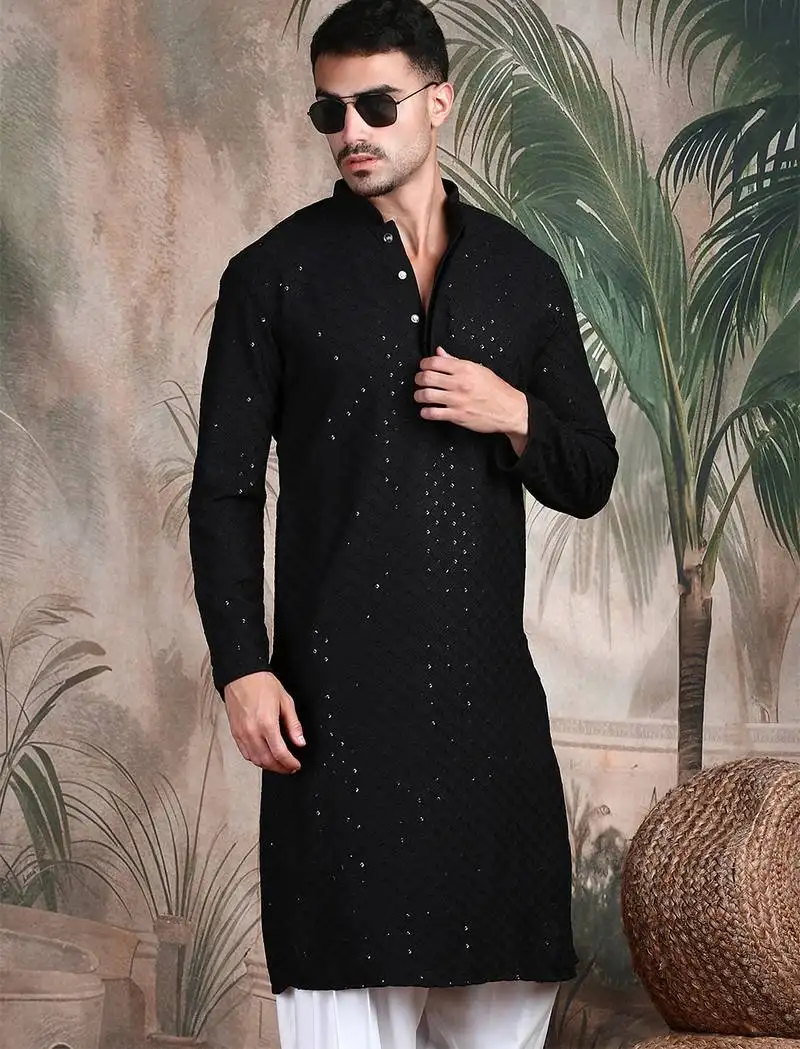 Black cotton sequins kurta pajama for mens