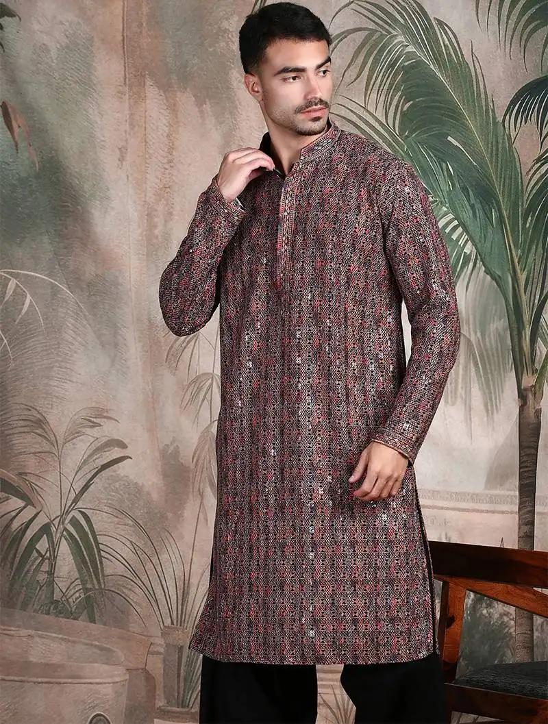 Brown cotton sequins kurta pajama for mens