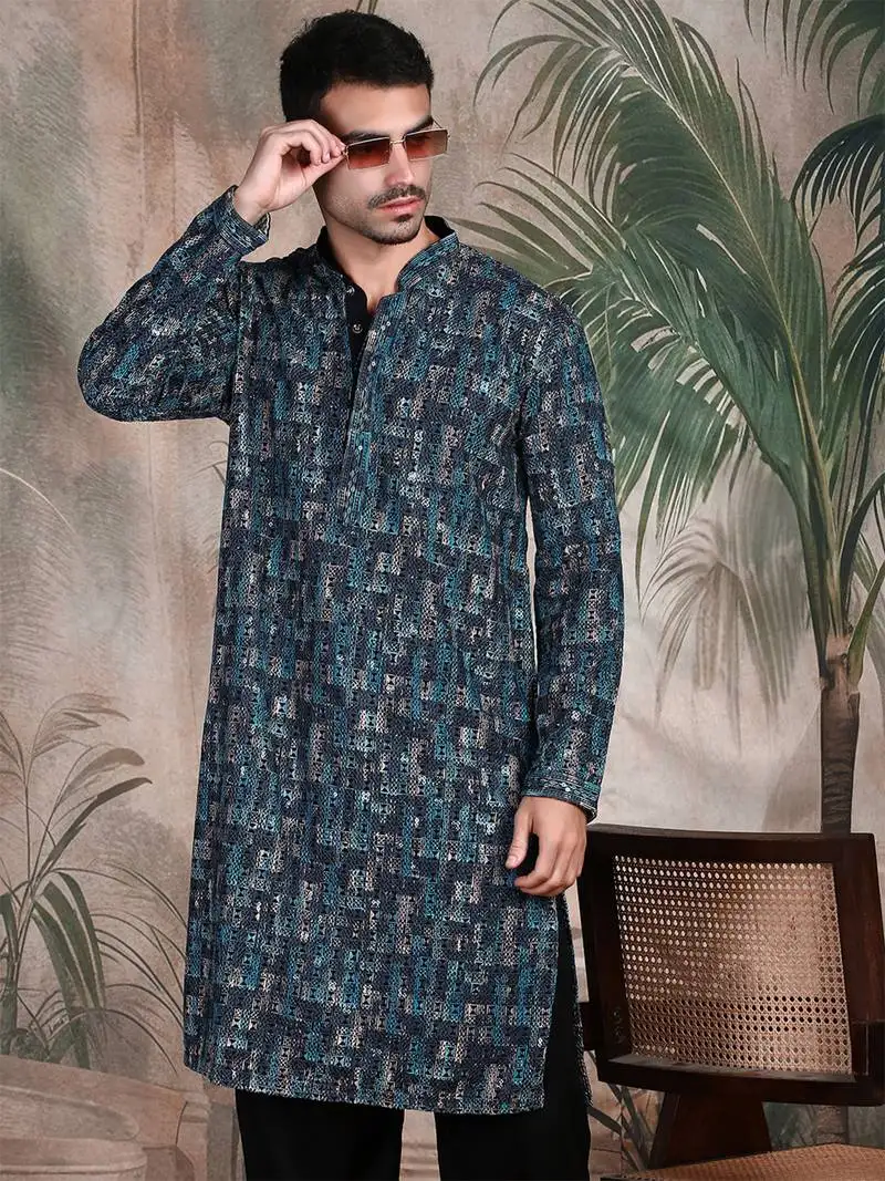 Firozi cotton sequins kurta pajama for mens