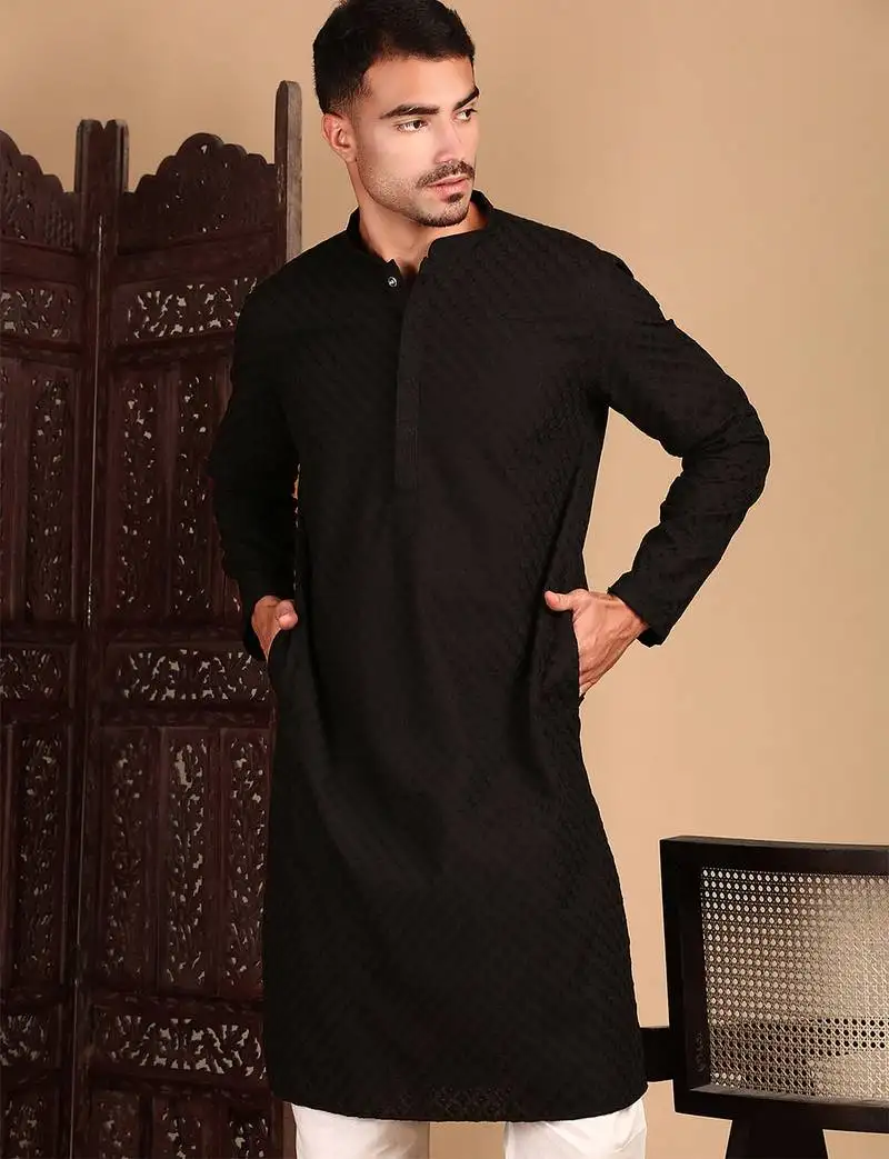 Black cotton chikankari kurta pajama for mens
