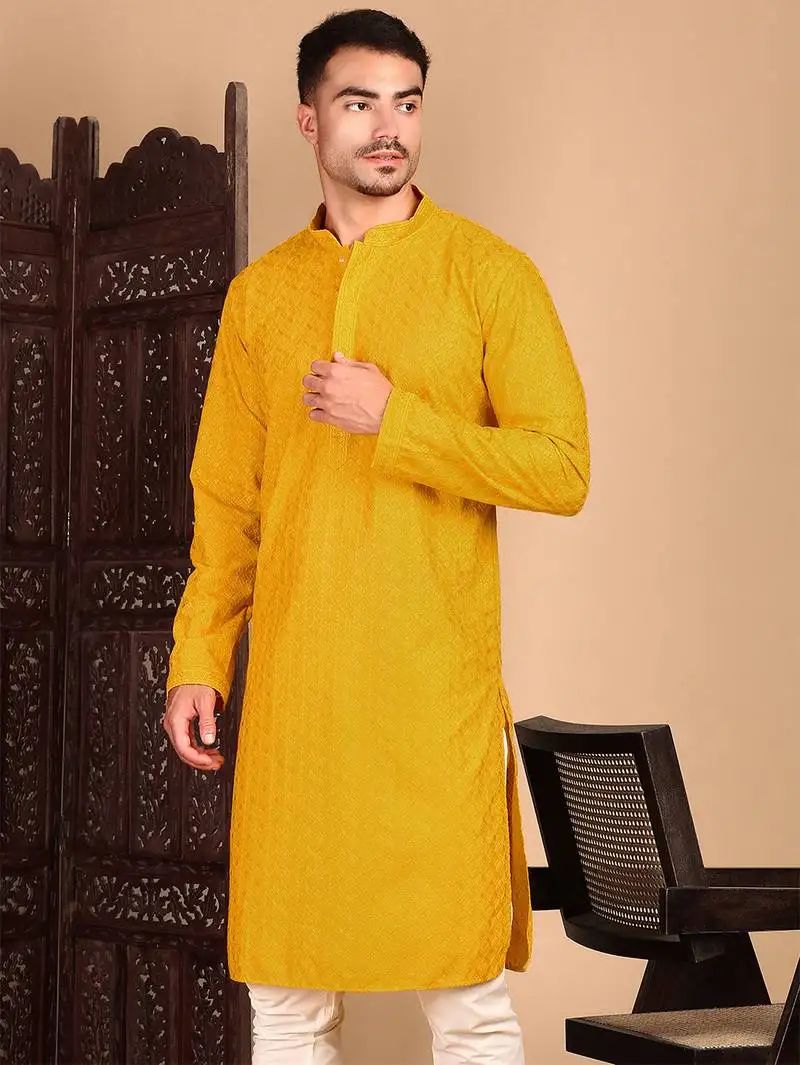Mustard rayon chikanakri kurta pajama for mens