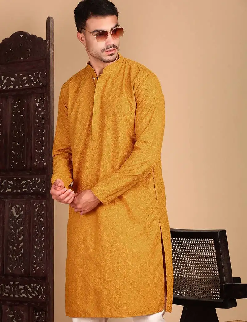 Mustard cotton chikankari kurta pajama for mens