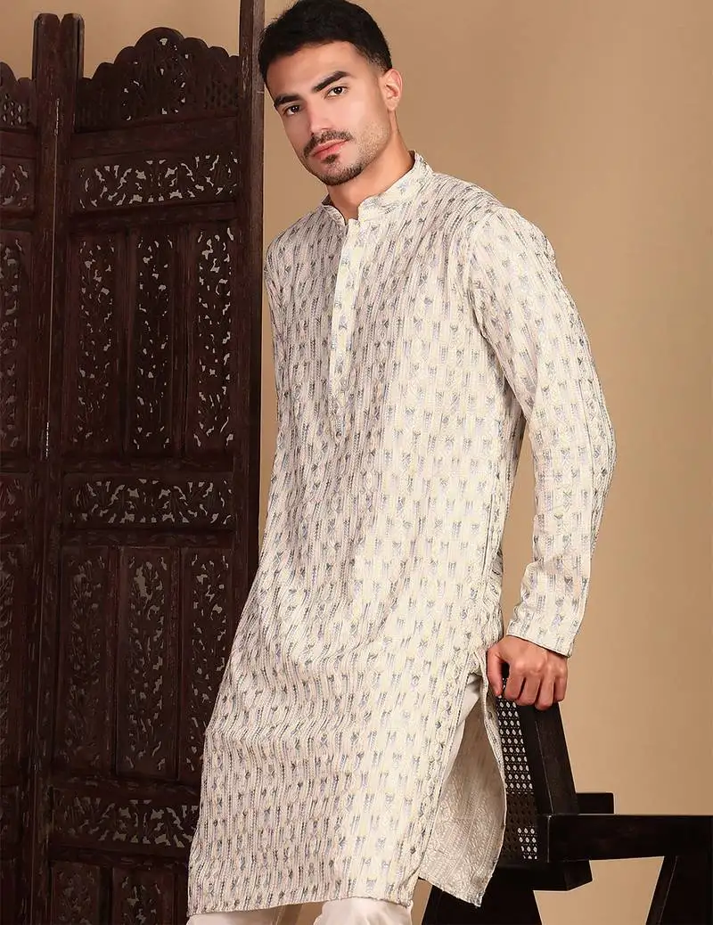 Cream cotton sequins kurta pajama for mens