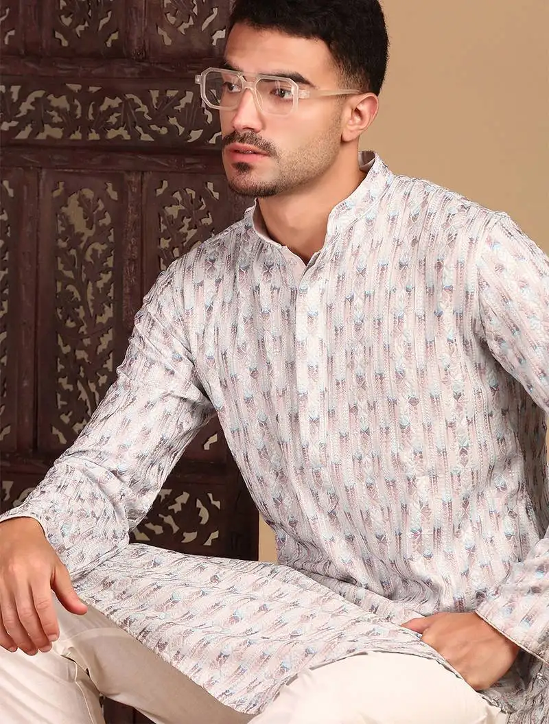 Off white cotton sequins kurta pajama for mens