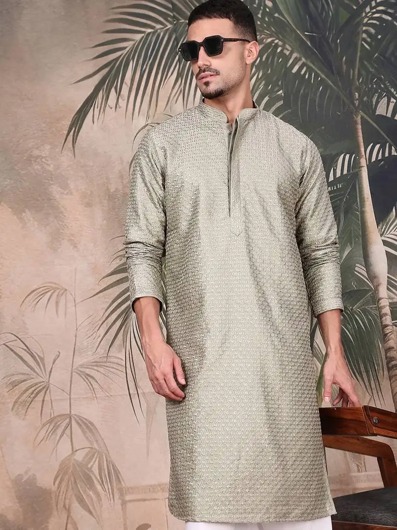 Pista silk blend sequins kurta pajama for mens
