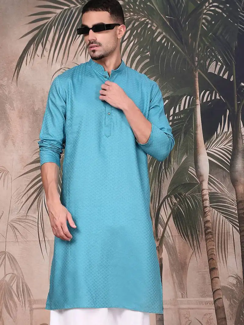 Blue cotton textured kurta pajama for mens