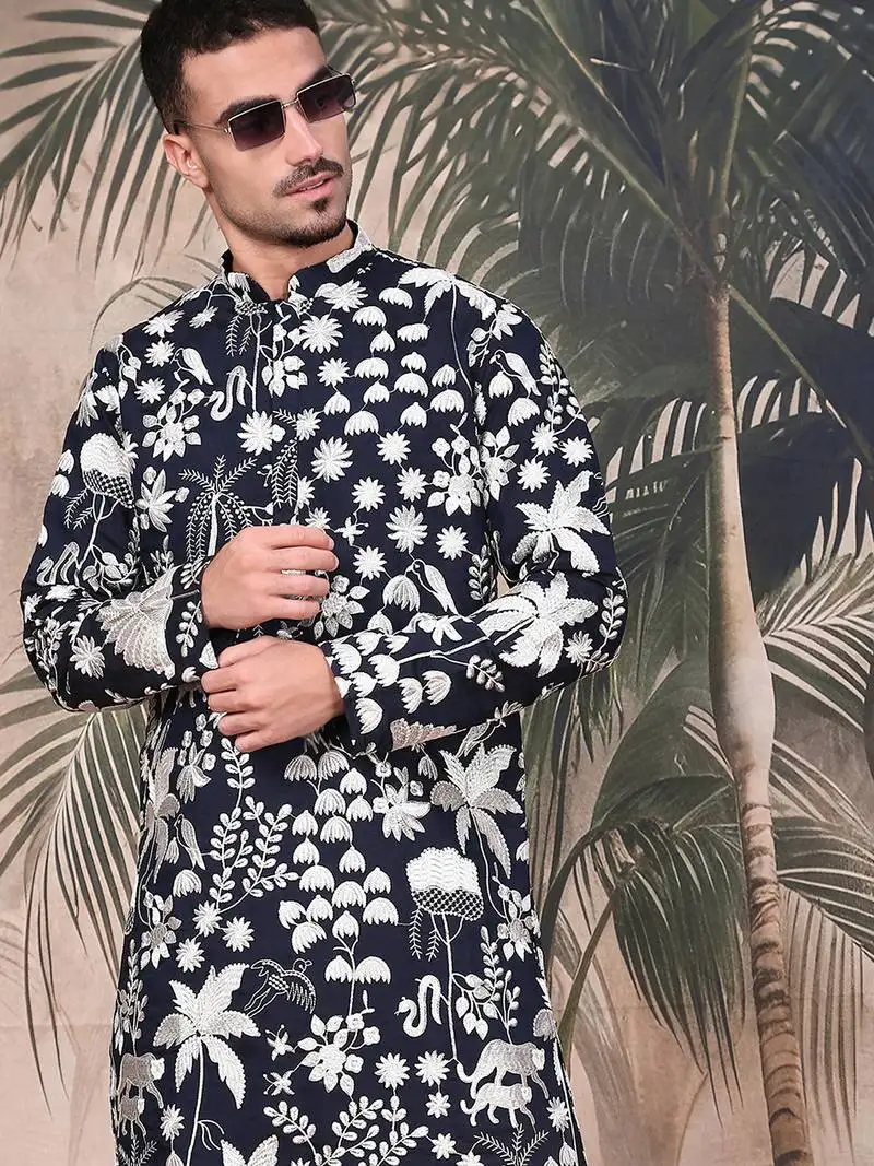 Deep blue silk blend chikankari kurta pajama for mens