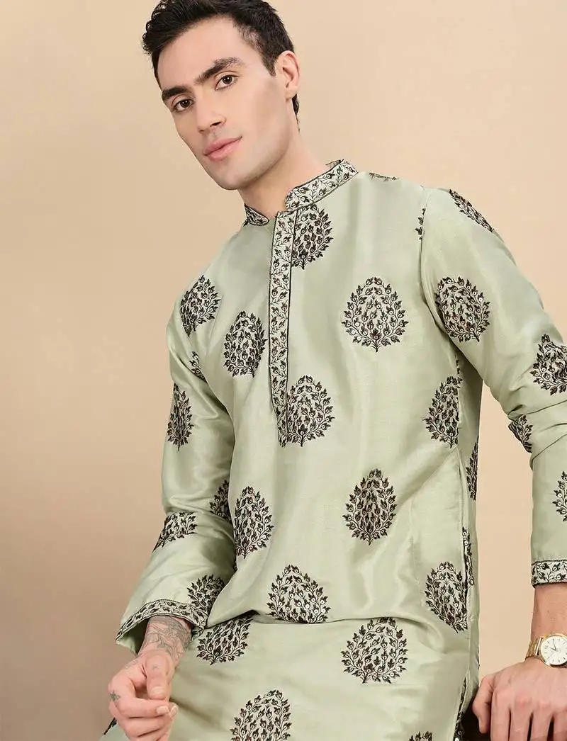 Green silk blend sequins kurta pajama for mens