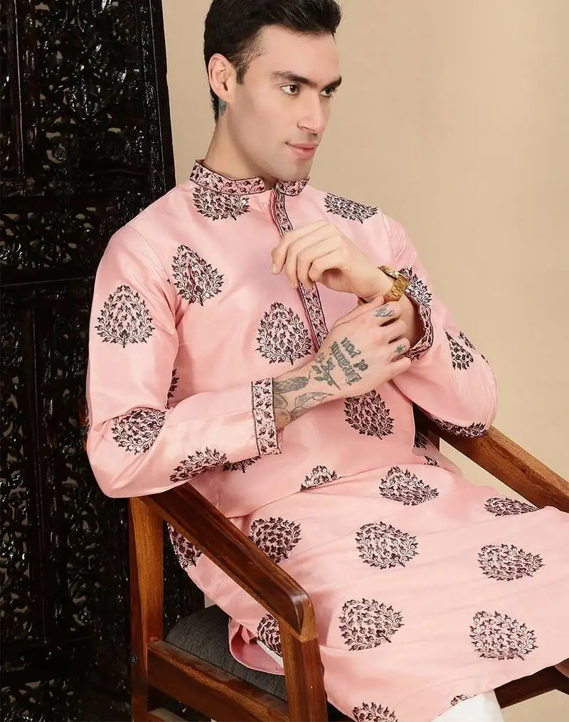 Peach silk blend sequins kurta pajama for mens