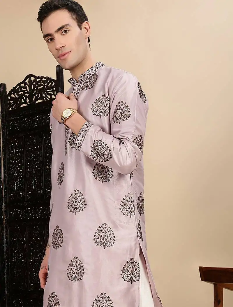 Pink silk blend sequins kurta pajama for mens