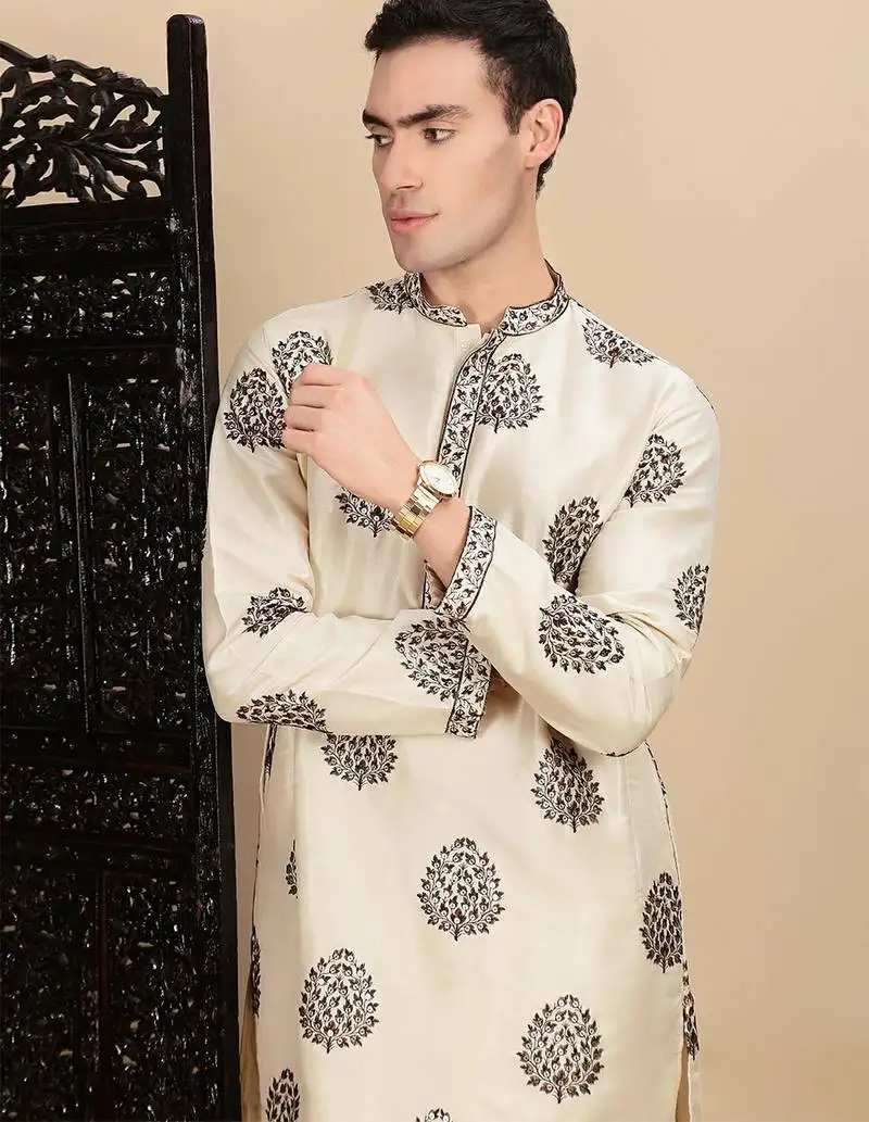 Beige silk blend sequins kurta pajama for mens