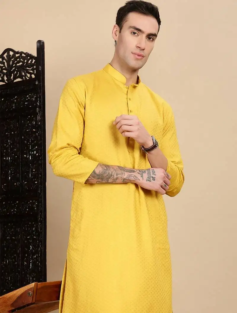 Yellow cotton textured kurta pajama for mens