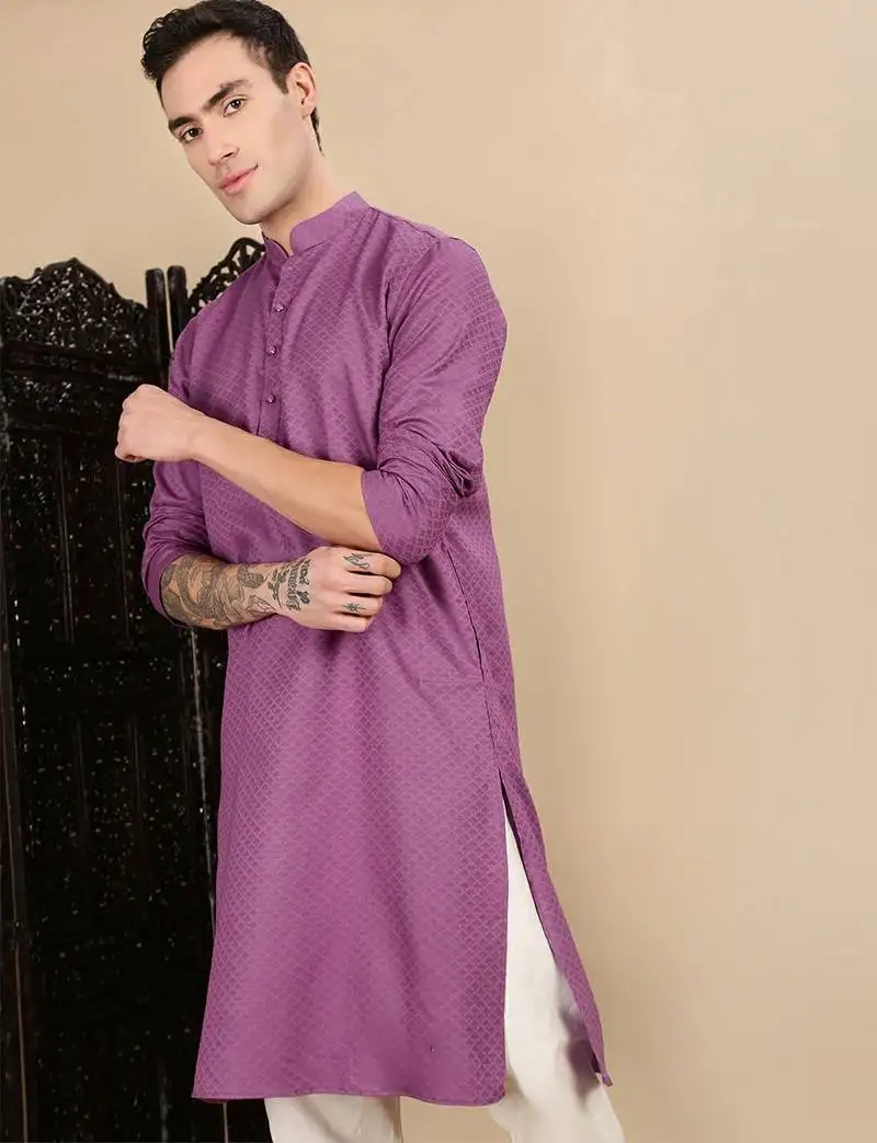 Mauve cotton textured kurta pajama for mens