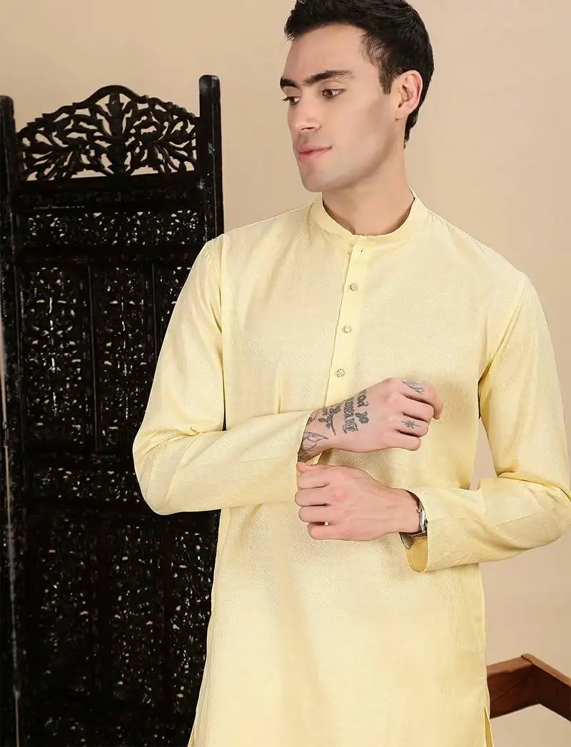 Beige cotton textured kurta pajama for mens