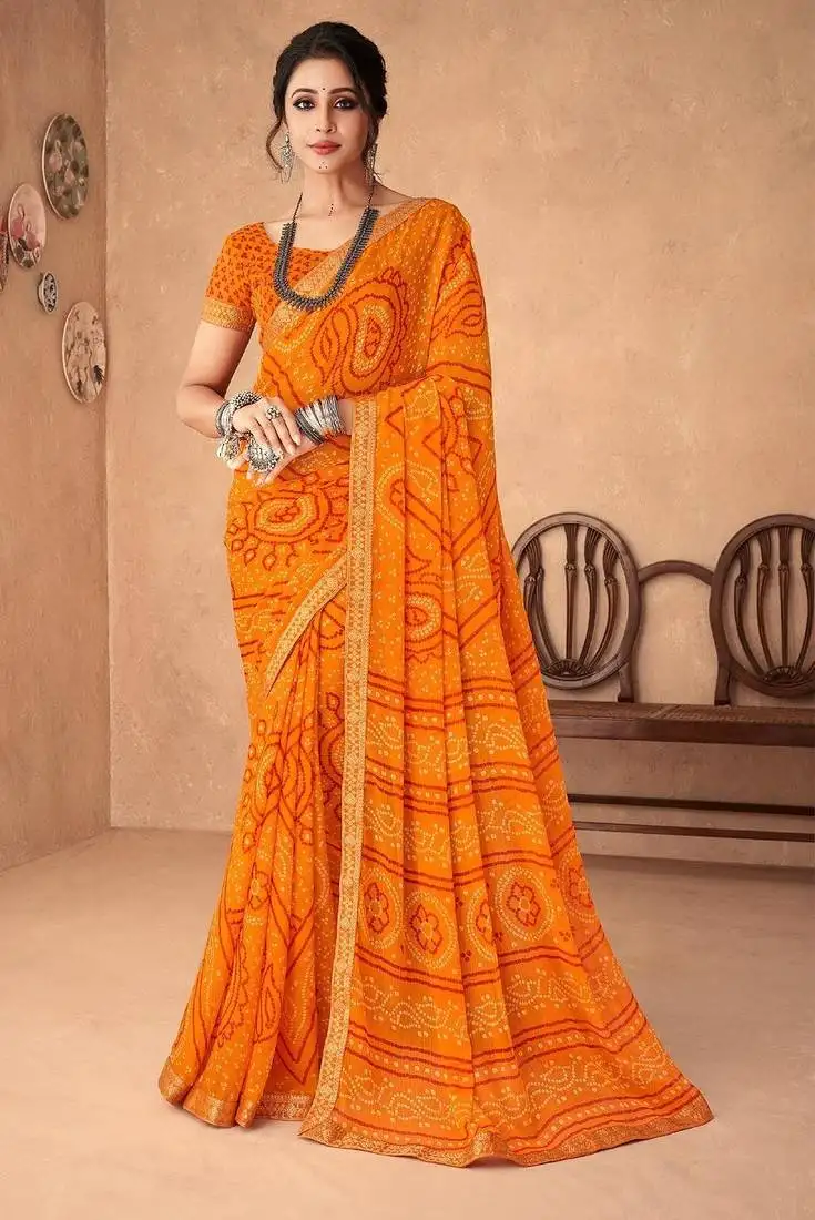 Mustard orange chiffon bandhani geometric printed saree with blouse