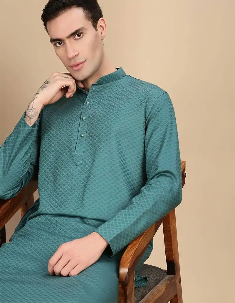 Green cotton textured kurta pajama for mens
