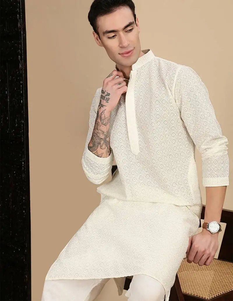 Off white cotton chikankari kurta pajama for mens