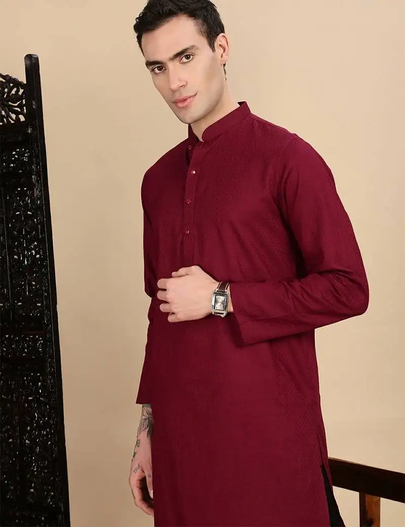 Maroon cotton textured kurta pajama for mens