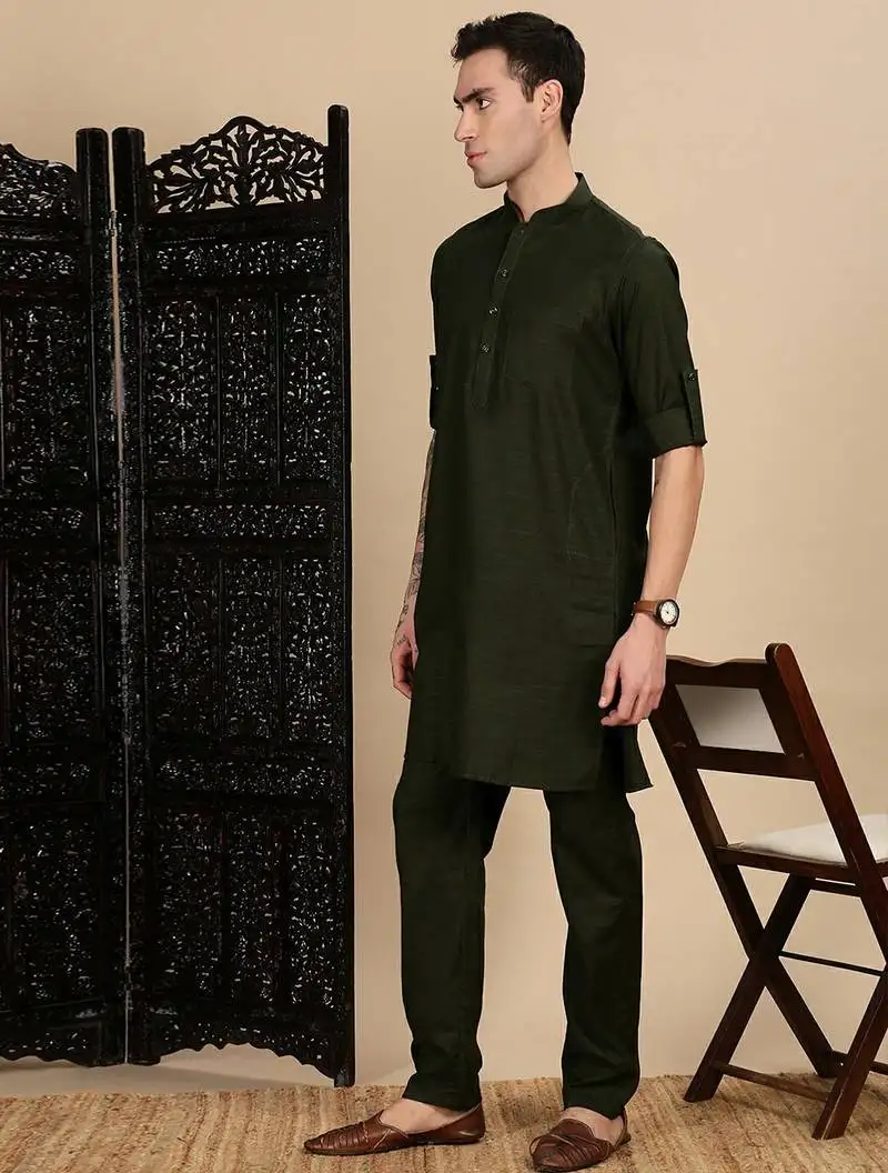 Olive cotton solid kurta pajama for mens