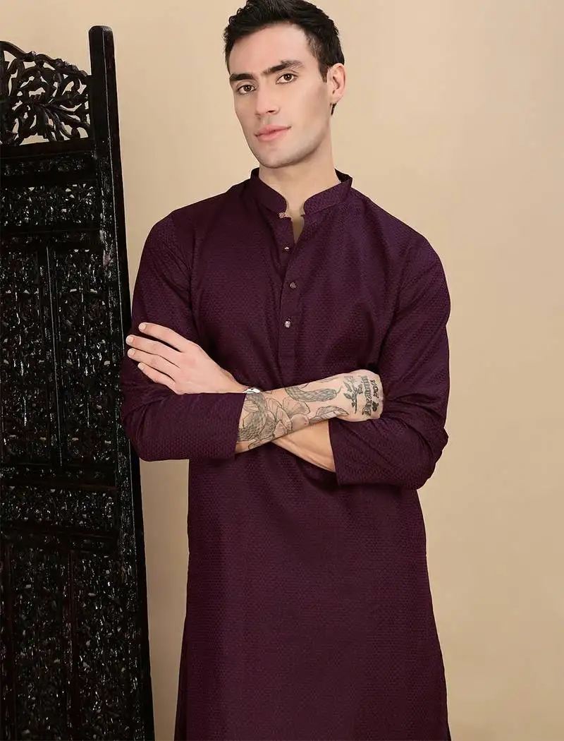 Purple cotton textured kurta pajama for mens