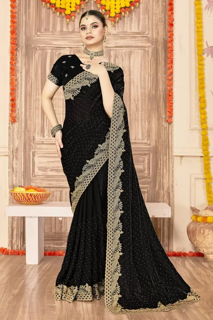 Black sequin zari embroidered siroski stone work two tone silk saree sari