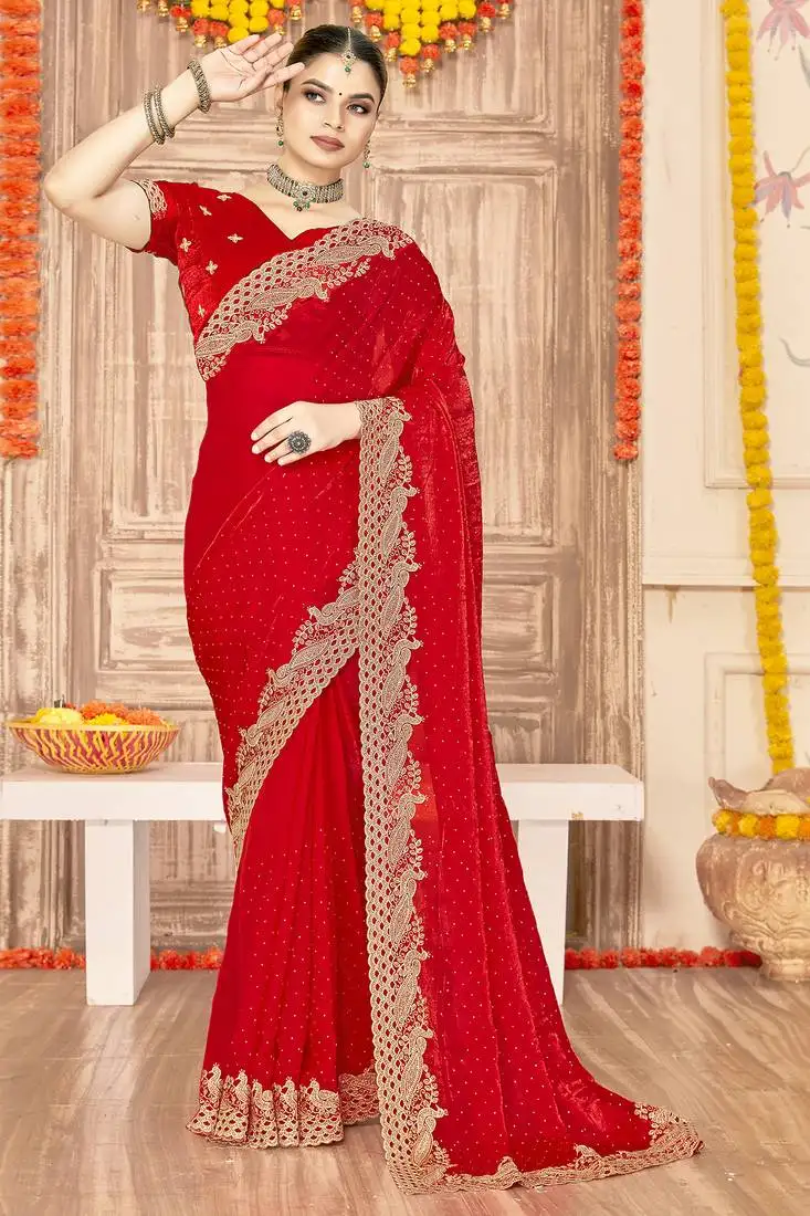 Red sequin zari embroidered siroski stone work two tone silk saree sari