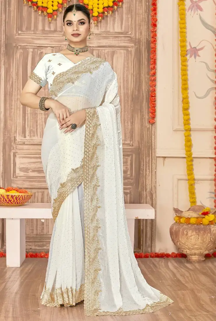 White sequin zari embroidered siroski stone work two tone silk saree sari