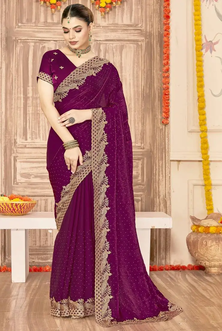 Wine sequin zari embroidered siroski stone work two tone silk saree sari