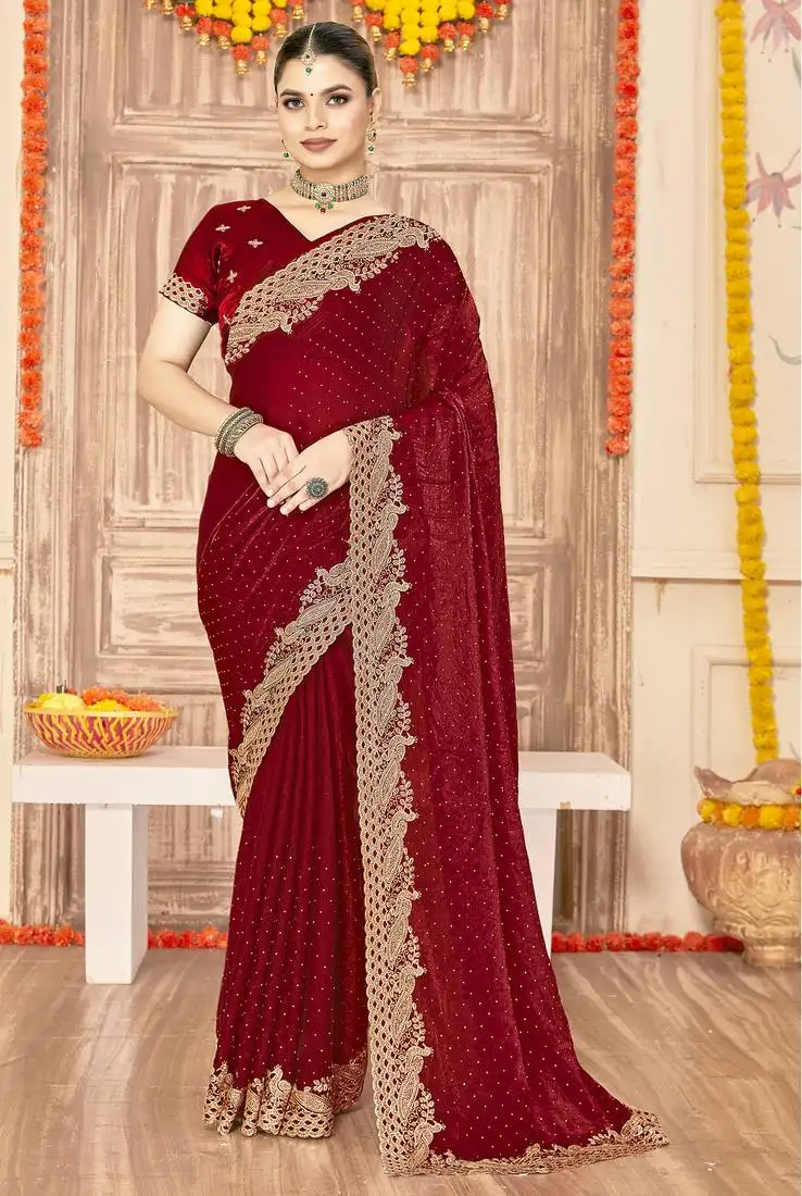 Maroon sequin zari embroidered siroski stone work two tone silk saree sari