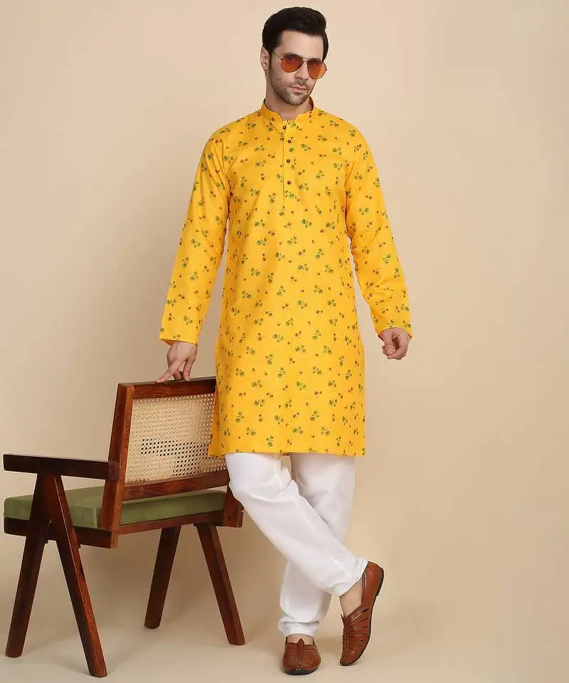 Floral printed cotton blend yellow kurta