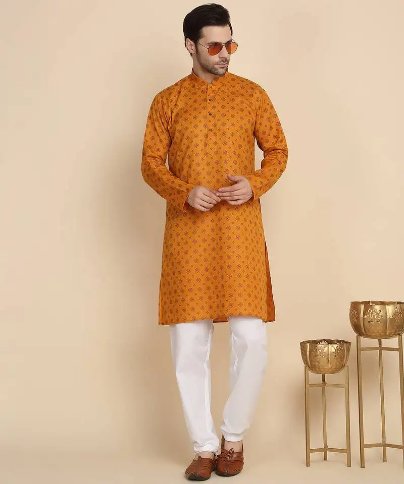 Ethnic motifs cotton blend mustard kurta