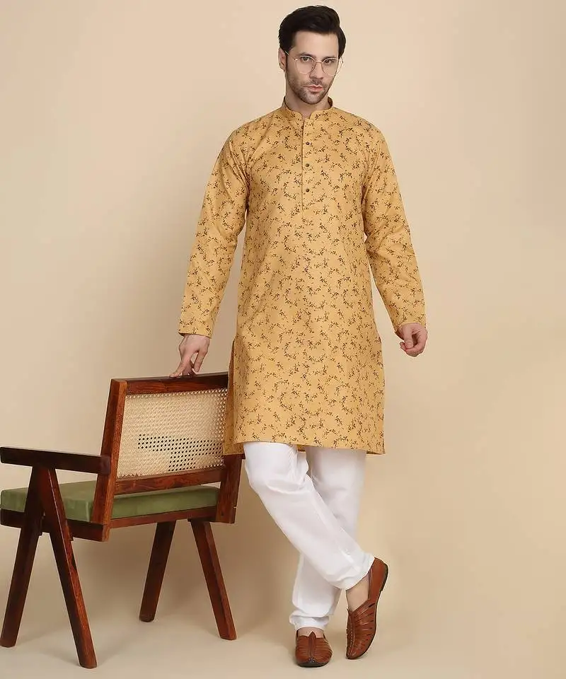 Floral printed cotton blend beige kurta