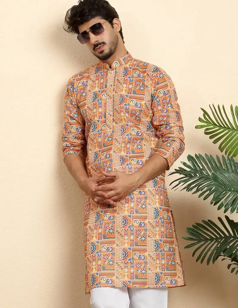 Cotton blend geometric printed orange kurta