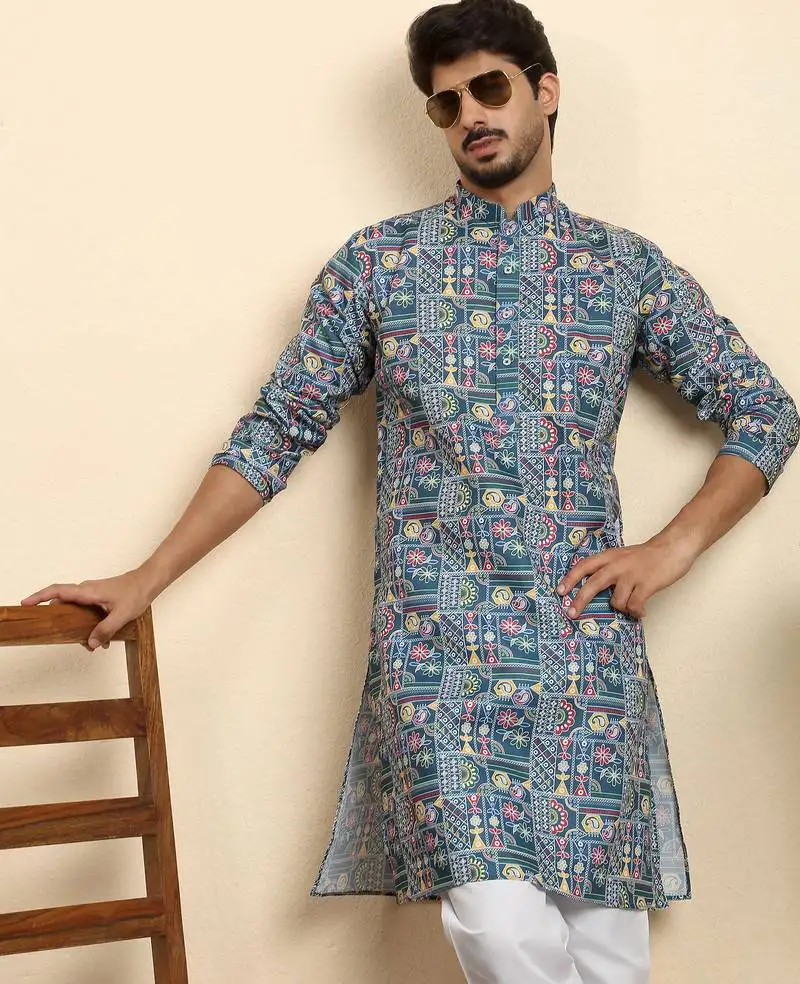 Cotton blend geometric printed blue kurta