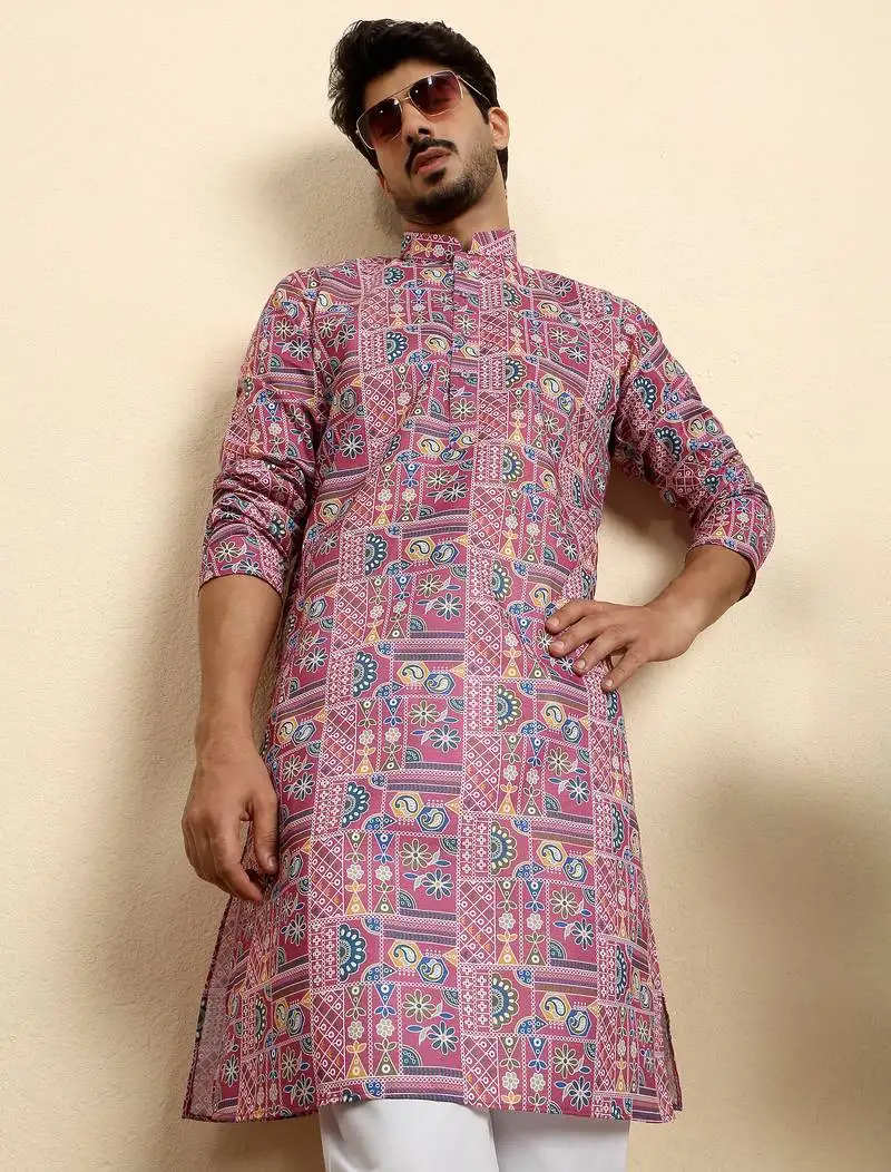 Cotton blend geometric printed pink kurta